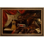 Bartolomeo Bettera (attribuito a), a) Still life with musical instruments, globe and sheet music; b) Still life with musical instruments, palette, astrolabe and sheet music. Pair of paintings