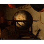 Bartolomeo Bettera (attribuito a), a) Still life with musical instruments, globe and sheet music; b) Still life with musical instruments, palette, astrolabe and sheet music. Pair of paintings