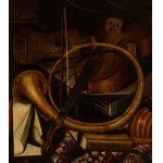 Bartolomeo Bettera (attribuito a), a) Still life with musical instruments, globe and sheet music; b) Still life with musical instruments, palette, astrolabe and sheet music. Pair of paintings