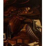 Bartolomeo Bettera (attribuito a), a) Still life with musical instruments, globe and sheet music; b) Still life with musical instruments, palette, astrolabe and sheet music. Pair of paintings