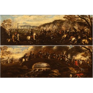 Ciccio Napoletano (attribuito a), a) Battle of cavalries in an open field; b) Battle near a bridge. Pair of paintings