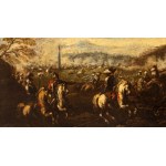 Ciccio Napoletano (attribuito a), a) Battle of cavalries in an open field; b) Battle near a bridge. Pair of paintings