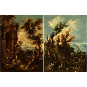 Alessandro Magnasco - Antonio Francesco Peruzzini, a) Landscape with fountain, architectural ruins and figures; b) Landscape with figures. Pair of paintings