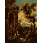 Alessandro Magnasco - Antonio Francesco Peruzzini, a) Landscape with fountain, architectural ruins and figures; b) Landscape with figures. Pair of paintings