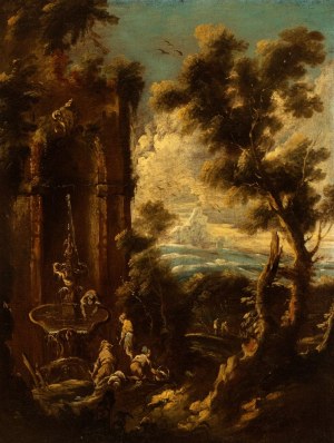 Alessandro Magnasco - Antonio Francesco Peruzzini, a) Landscape with fountain, architectural ruins and figures; b) Landscape with figures. Pair of paintings