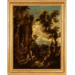 Alessandro Magnasco - Antonio Francesco Peruzzini, a) Landscape with fountain, architectural ruins and figures; b) Landscape with figures. Pair of paintings