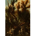 Alessandro Magnasco - Antonio Francesco Peruzzini, a) Landscape with fountain, architectural ruins and figures; b) Landscape with figures. Pair of paintings