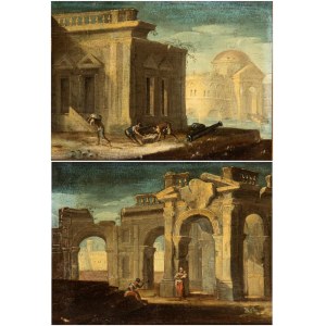 Artista napoletano, XVIII secolo, a) Architectural capriccio with three figures and a cannon; b) Architectural capriccio with a seated figure and a woman with child. Pair of paintings