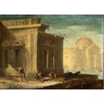 Artista napoletano, XVIII secolo, a) Architectural capriccio with three figures and a cannon; b) Architectural capriccio with a seated figure and a woman with child. Pair of paintings