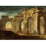 Artista napoletano, XVIII secolo, a) Architectural capriccio with three figures and a cannon; b) Architectural capriccio with a seated figure and a woman with child. Pair of paintings