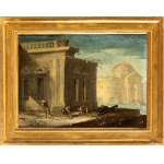 Artista napoletano, XVIII secolo, a) Architectural capriccio with three figures and a cannon; b) Architectural capriccio with a seated figure and a woman with child. Pair of paintings