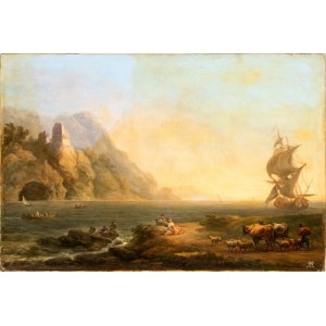 Artista francese, XVIII secolo, Coastal view with watchtower, sailing ship, fishermen and shepherds with herds