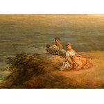 Artista francese, XVIII secolo, Coastal view with watchtower, sailing ship, fishermen and shepherds with herds