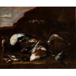 Monsù Aurora (attribuito a), Still life with game in a landscape