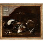 Monsù Aurora (attribuito a), Still life with game in a landscape