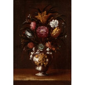 Maestro del vaso a grottesche (attribuito a), Still life of tulips, carnations and chrysanthemums in a vase