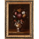 Maestro del vaso a grottesche (attribuito a), Still life of tulips, carnations and chrysanthemums in a vase