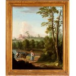 Artista attivo a Roma, XVIII secolo, Landscape with peasants near a river and a village in the background
