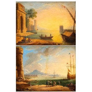 Claude Lorrain (seguace di), a) Coastal capriccio with architecture, figures and boats; b) Coastal capriccio with tower figures and boats. Pair of paintings