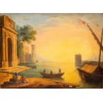 Claude Lorrain (seguace di), a) Coastal capriccio with architecture, figures and boats; b) Coastal capriccio with tower figures and boats. Pair of paintings