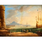 Claude Lorrain (seguace di), a) Coastal capriccio with architecture, figures and boats; b) Coastal capriccio with tower figures and boats. Pair of paintings