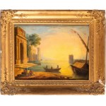 Claude Lorrain (seguace di), a) Coastal capriccio with architecture, figures and boats; b) Coastal capriccio with tower figures and boats. Pair of paintings
