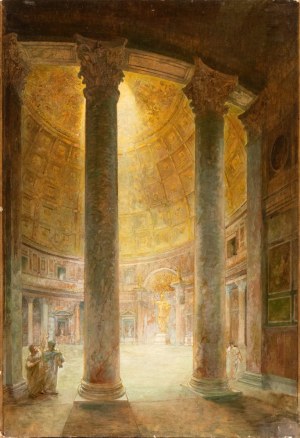 Artista neoclassico, XIX secolo, View of the interior of the Pantheon with figures