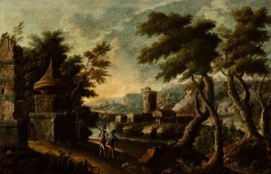 Artista attivo a Roma, XVIII secolo, Landscape with ruins, tower and figures