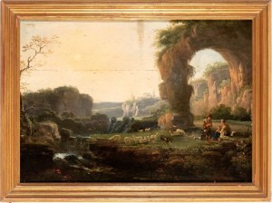 Artista attivo a Roma, XVIII secolo, Landscape with rock arch, shepherds and flock