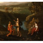 Artista attivo a Roma, XVIII secolo, Classical landscape with figures, river and monuments