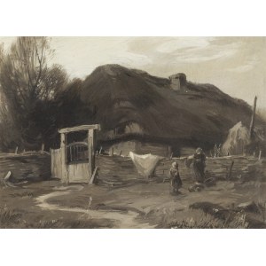 Roman Kochanowski (1857 - 1945), In front of the village hut.