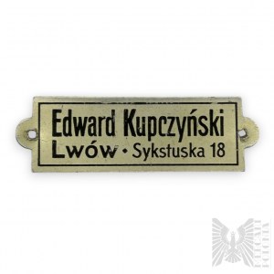 II RP - Mała Blaszana Etykieta Zakład Rymiarski: Edward Kupczyński Lwów, Sykstuska 18