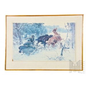Alfred Wierusz-Kowalski (1849-1915) - Obraz “Napad Wilków”, Reprodukcja Drukowana na Desce (Spółdzielcze Zakłady Drzewne Gorlice)