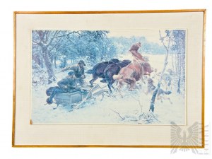 Alfred Wierusz-Kowalski (1849-1915) - Obraz “Napad Wilków”, Reprodukcja Drukowana na Desce (Spółdzielcze Zakłady Drzewne Gorlice)