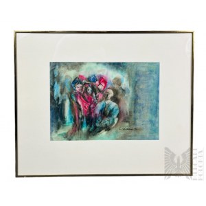 Nieznany Artysta (XX w.) - Obraz Abstrakcyjna Grupa Ludzi (1990 r.), Pastel na Papierze