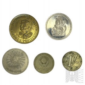 Zestaw Monet: Jeden Rubel, Token Jednopensowy, Pamiątkowy Medal Jerzy Popiełuszko, Indyjska Moneta Okolicznościowa z Postacią Rumā