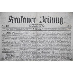 KRAKAUER ZEITUNG NR. 113, 1865 r. 18 maj Galicja, Kraków