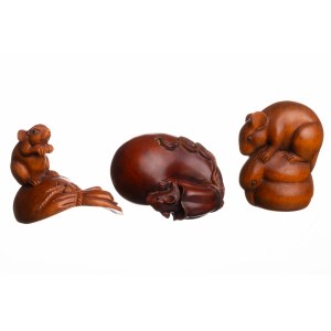 Three boxwood netsuke representing mice