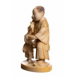 Shizudo, Okimono di osso firmato Shizudo, raffigurante un samurai con il figlio