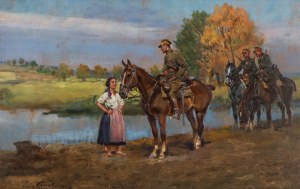 Jerzy Kossak (1886 Kraków - 1955 tamże), Ułani i dziewczyna nad wodą, 1929 r.