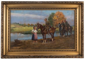 Jerzy Kossak (1886 Kraków - 1955 tamże), Ułani i dziewczyna nad wodą, 1929 r.