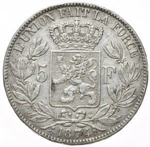 Belgie, 5 franků, 1874.