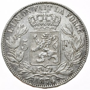 Belgia, 5 Franków, 1874r.
