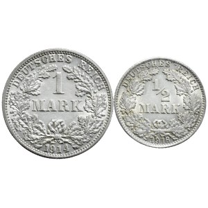 Niemcy, Zestaw 2 sztuk - 1 marka 1914 F i 1/2 marki 1916 D
