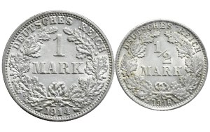 Niemcy, Zestaw 2 sztuk - 1 marka 1914 F i 1/2 marki 1916 D