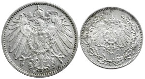 Niemcy, Zestaw 2 sztuk - 1 marka 1914 F i 1/2 marki 1916 D