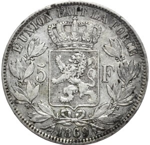 Belgium, 5 francs, 1869.