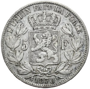 Belgium, 5 Francs, 1870.