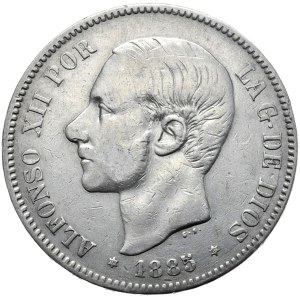 Spain, 5 Pesetas, 1885.