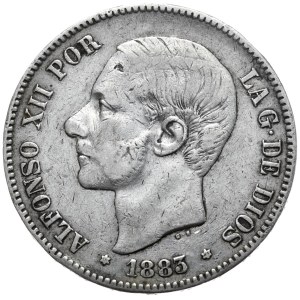 Spain, 5 Pesetas, 1885.